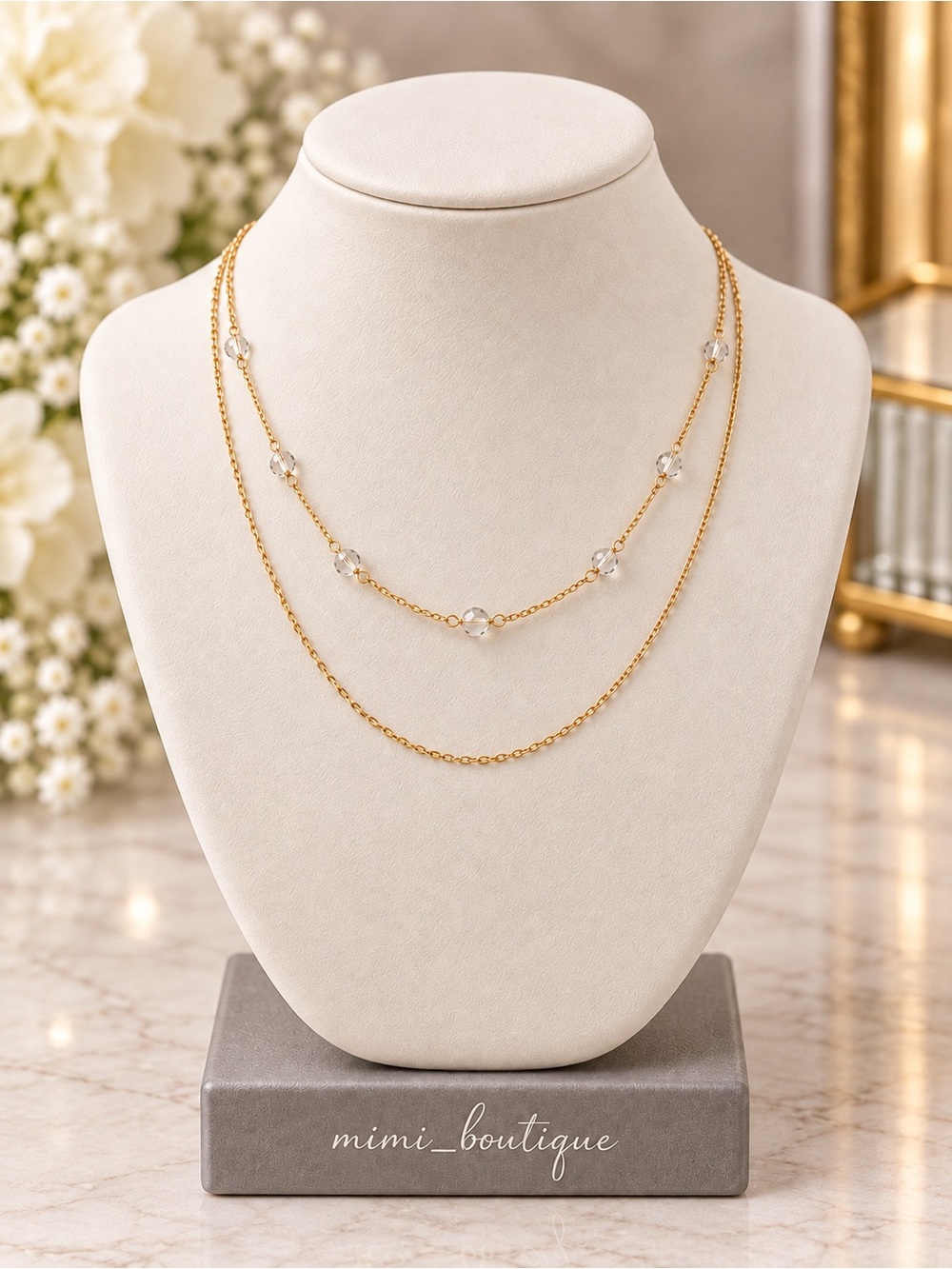 Handmade Swarovski Clear Crystal Bead Double Layer Gold Tone 16” Necklace